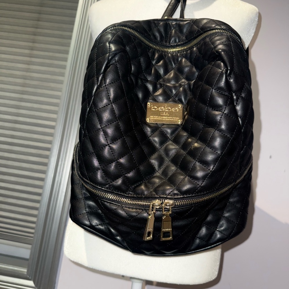 BEBE Brand Quilted Black Backpack - Purse-Gold Hardware Women’s Purse